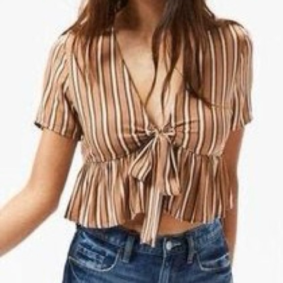LA Hearts Tan & White Pinstripe Crop Top - Picture 1 of 5